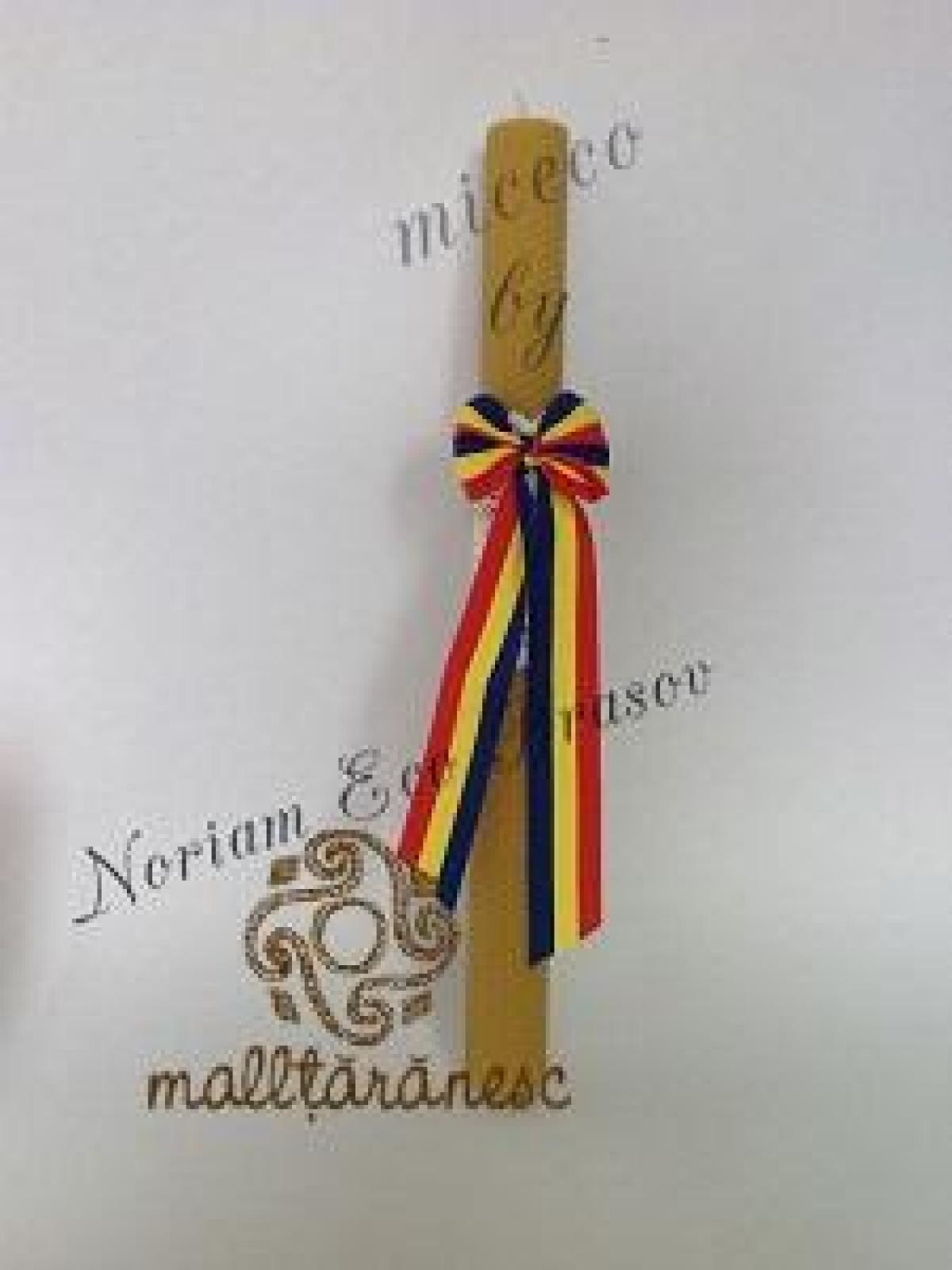 Lumanare botez/cununie din ceara de albine impodobita cu funda tricolor